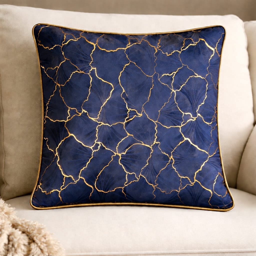 Midnight Navy & Gold Ginkgo Leaf Velvet Cushion Cover | 16" × 16" | Luxury Botanical Print Pillow Cover