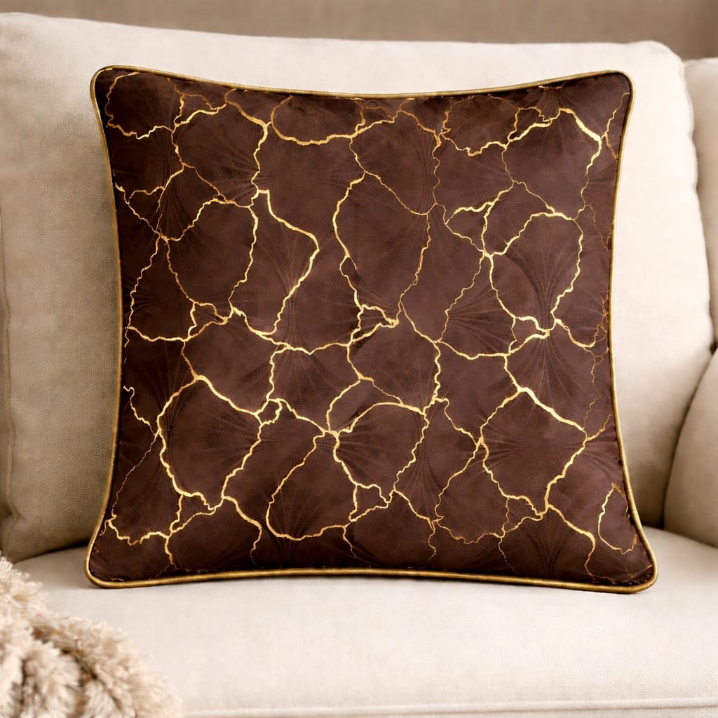 Dark Chocolate & Gold Ginkgo Leaf Velvet Cushion Cover | 16" × 16" | Earthy Botanical Print Pillow Cover