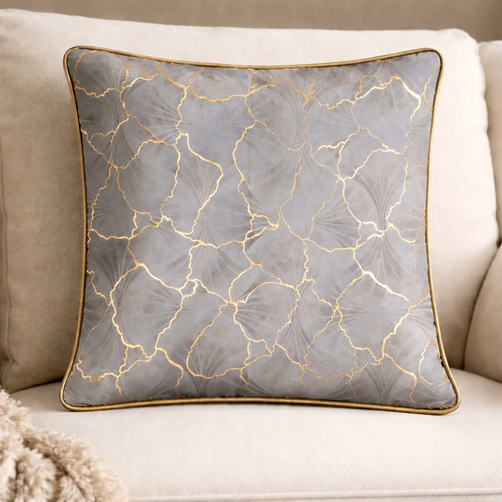 Steel Grey & Gold Ginkgo Leaf Velvet Cushion Cover | 16" × 16" | Contemporary Botanical Print Pillow Cover