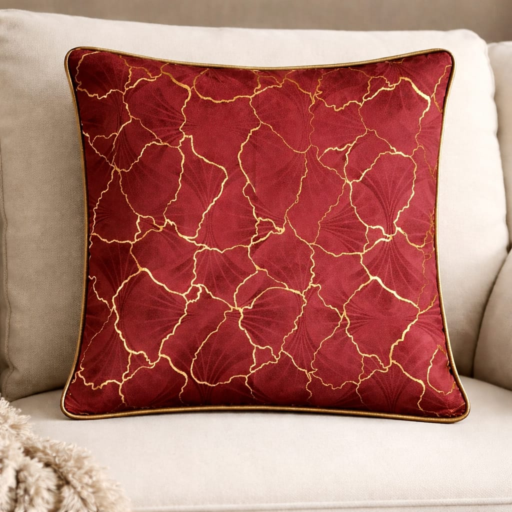 Royal Crimson & Gold Ginkgo Leaf Velvet Cushion Cover | 16" × 16" | Red Botanical Print Pillow Cover