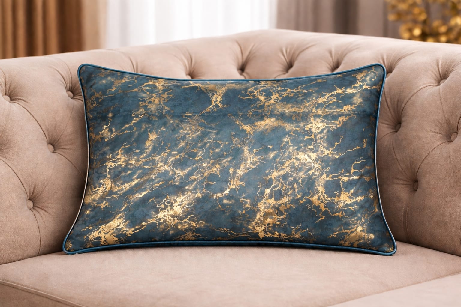 Ocean Teal & Gold Marble Velvet Cushion Cover | 19" × 29" | Deep Blue Abstract Print Pillow Cover