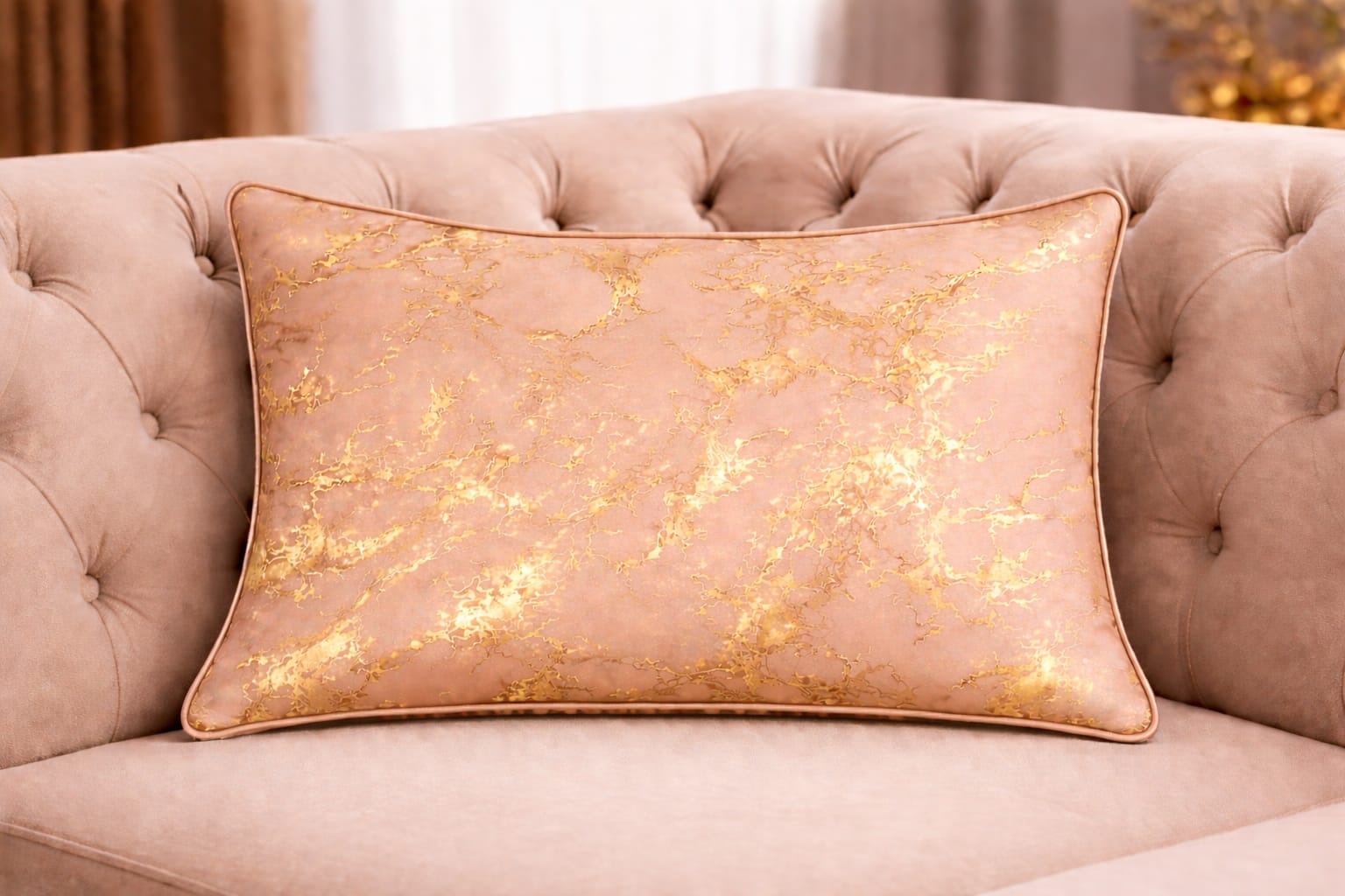 Blush Rose Gold Marble Velvet Cushion Cover | 19" × 29" | Soft Pink & Gold Abstract Print Pillow Cover