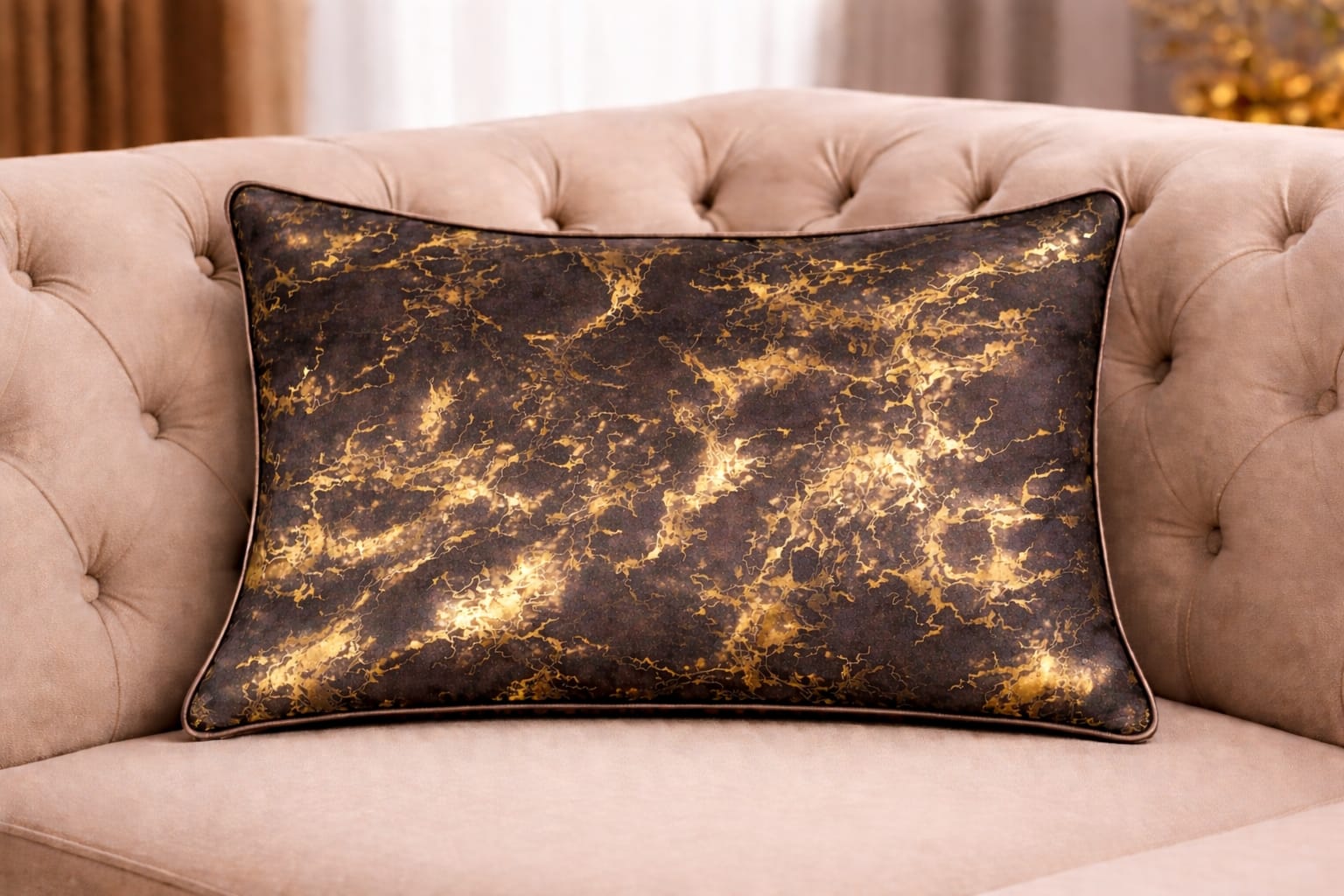 Midnight Gold Marble Velvet Cushion Cover | 19" × 29" | Dark Charcoal & Gold Abstract Print Pillow Cover