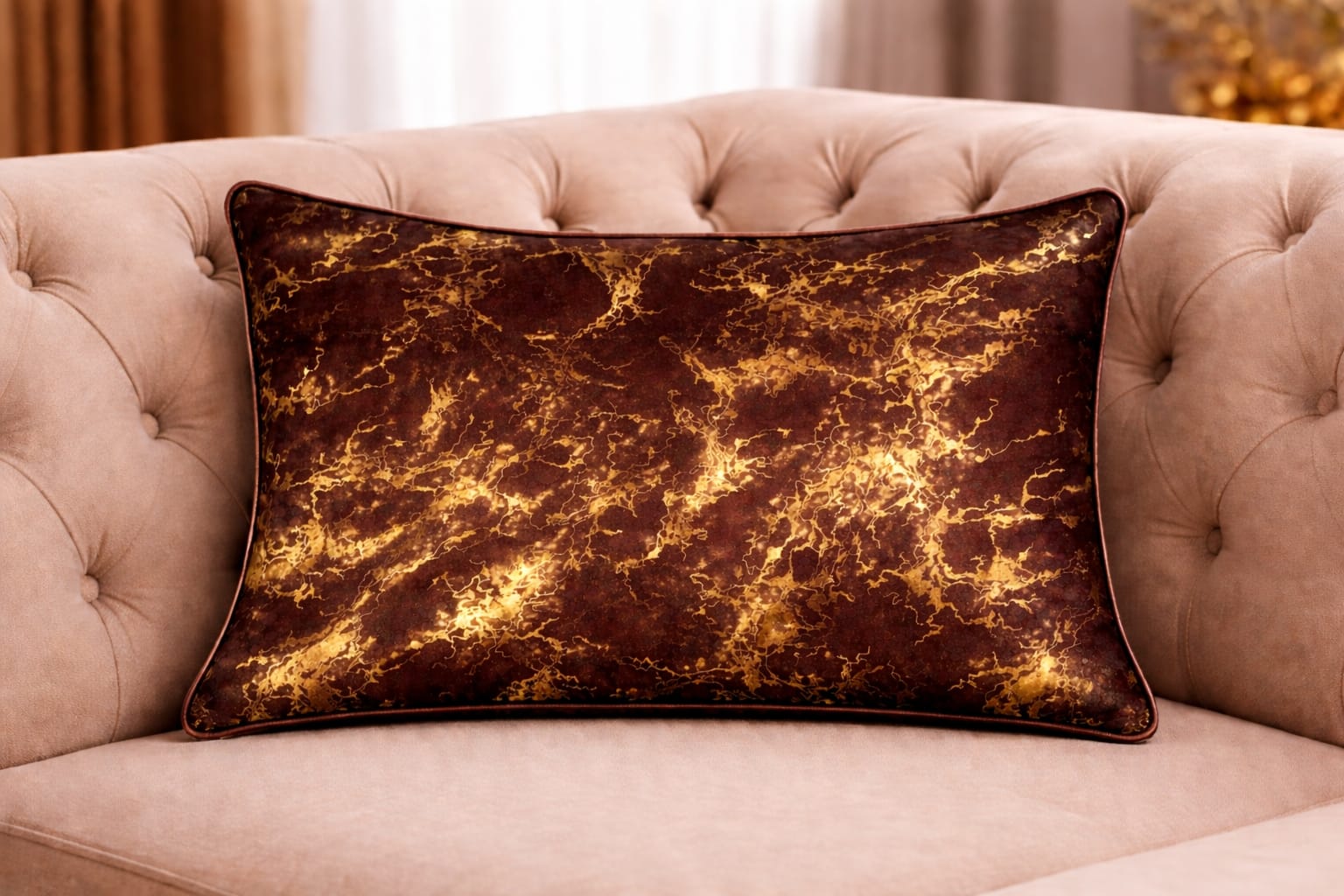 Luxe Crimson & Gold Marble Velvet Cushion Cover | 19" × 29" | Royal Burgundy Abstract Print Pillow Cover